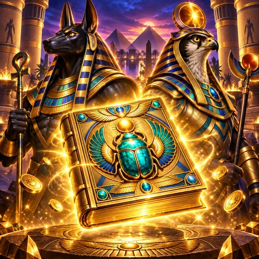 Egyptian book and gods imagery from the Book of Gods pokie