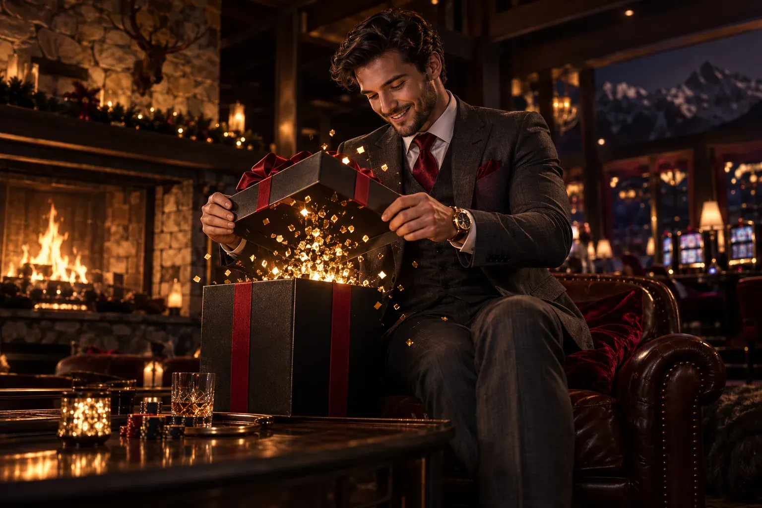 Man in a suit lifting the lid off a gift box as gold confetti bursts out in an alpine casino lodge, marking the Here2Win Casino welcome package