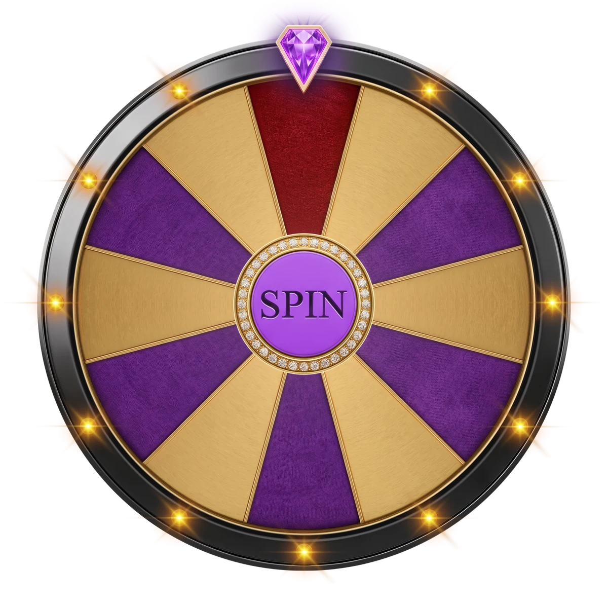 Purple and gold prize wheel representing the Here2Win Casino welcome package