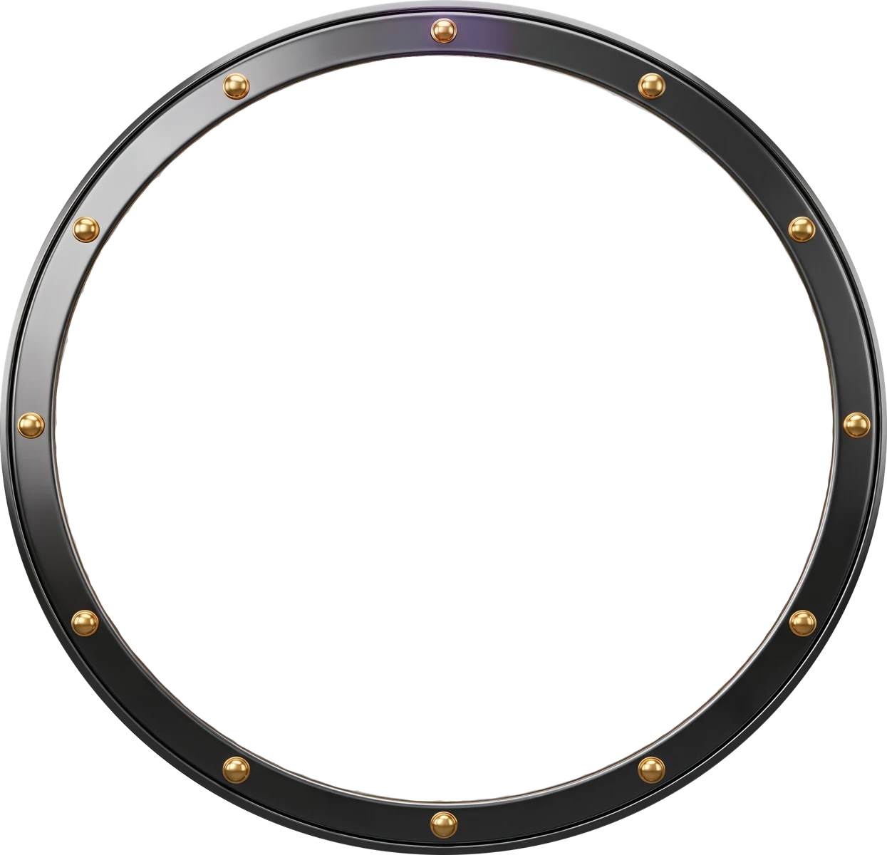 Circular metal frame with gold rivets, representing a new account profile