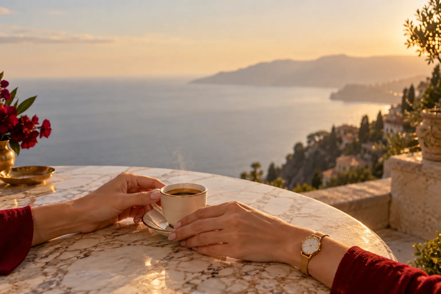 Hands resting near an espresso cup on a marble terrace table