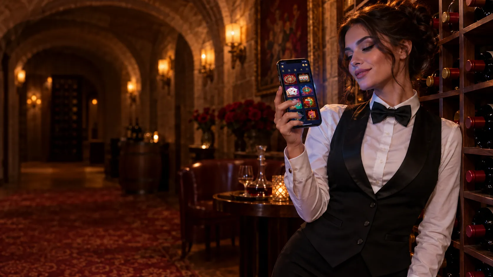 Croupier checking a smartphone showing a generic casino lobby in a wine cellar