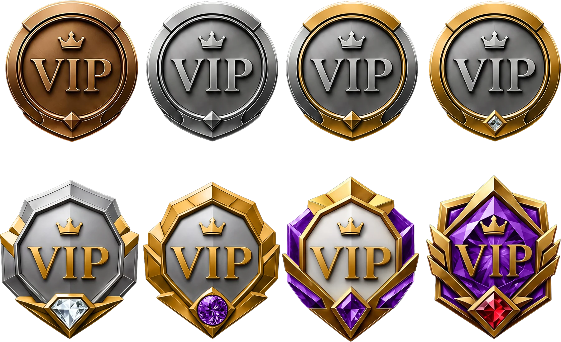 Set of eight bronze, silver and gold VIP badges