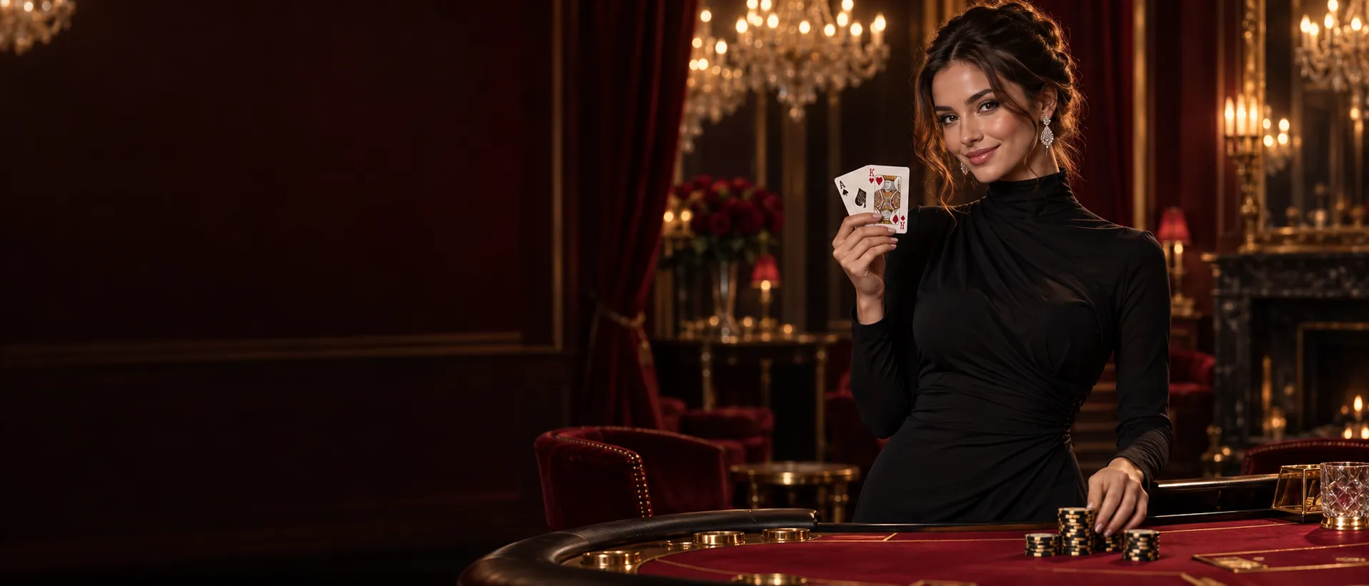 Woman beside a blackjack table with a winning hand in a high-roller casino salon