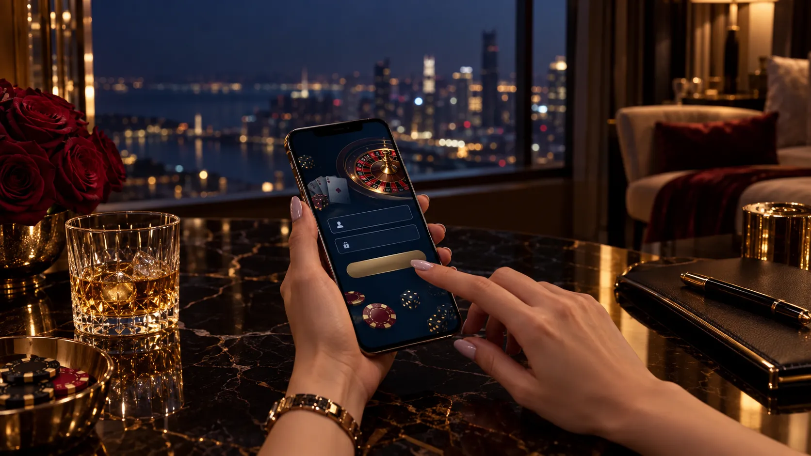 Hands holding a smartphone showing a generic sign-in screen in a hotel suite