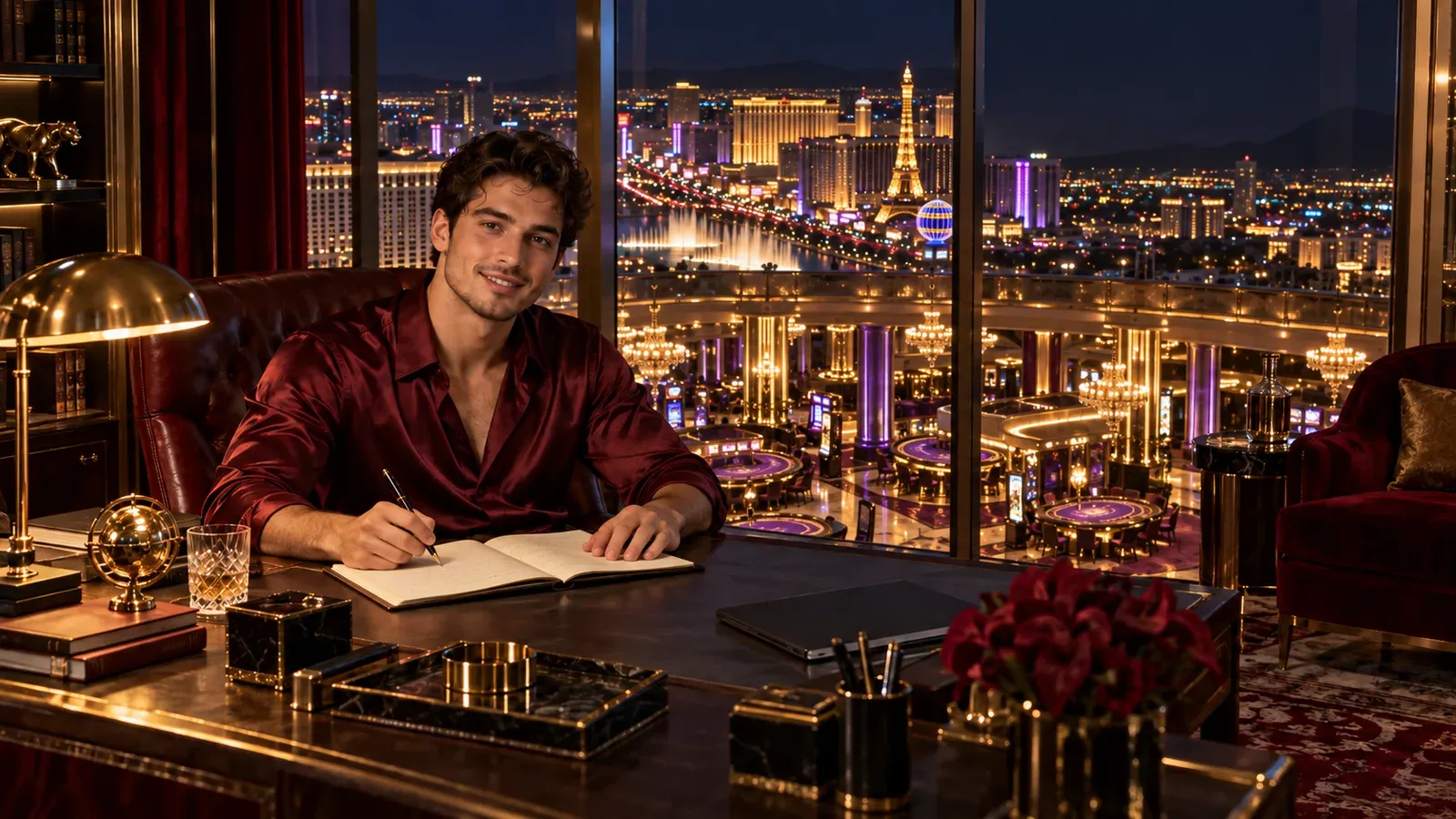 Man writing at a desk overlooking a city casino floor at night