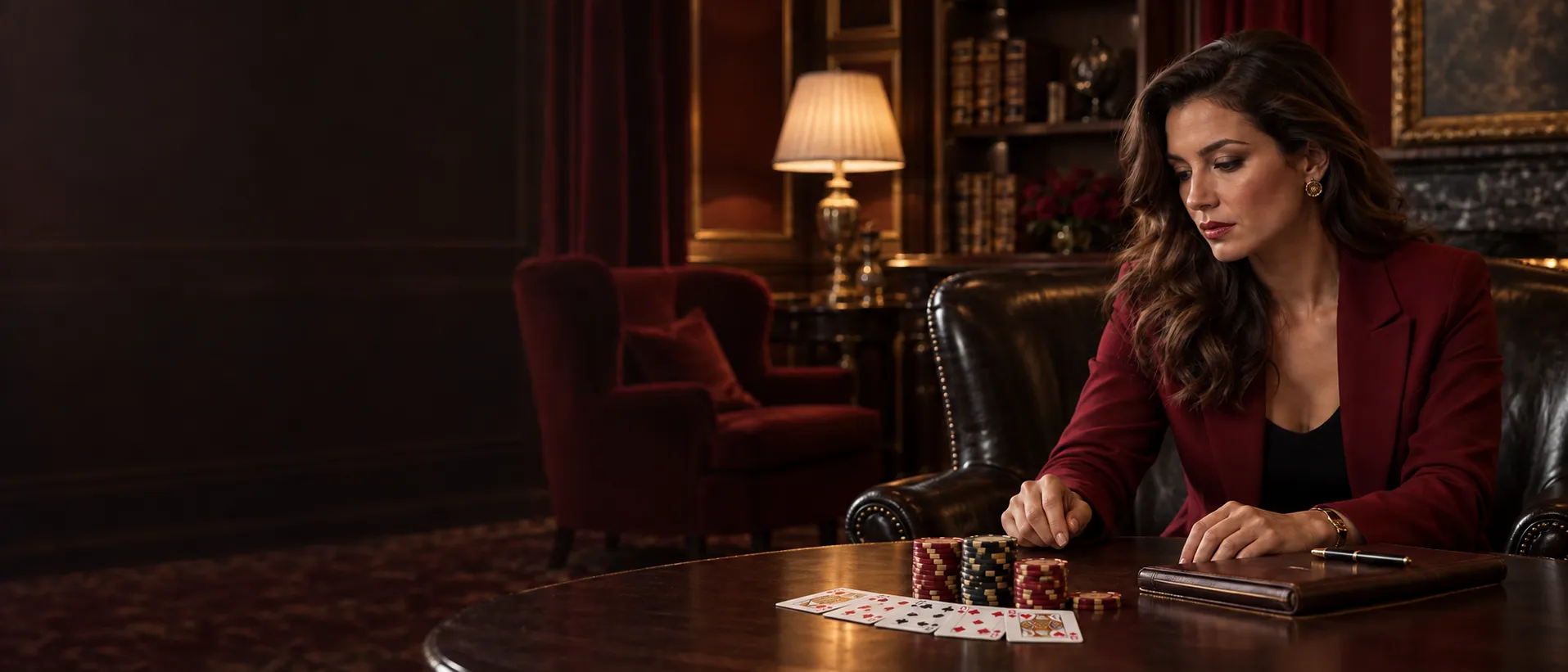 Poised woman evaluating fanned playing cards and casino chips in a private lounge, forming an honest review