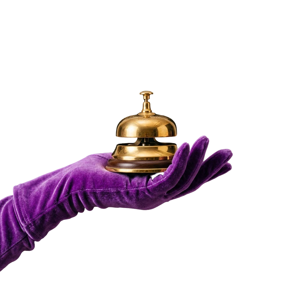 Purple gloved hand ringing a gold service bell