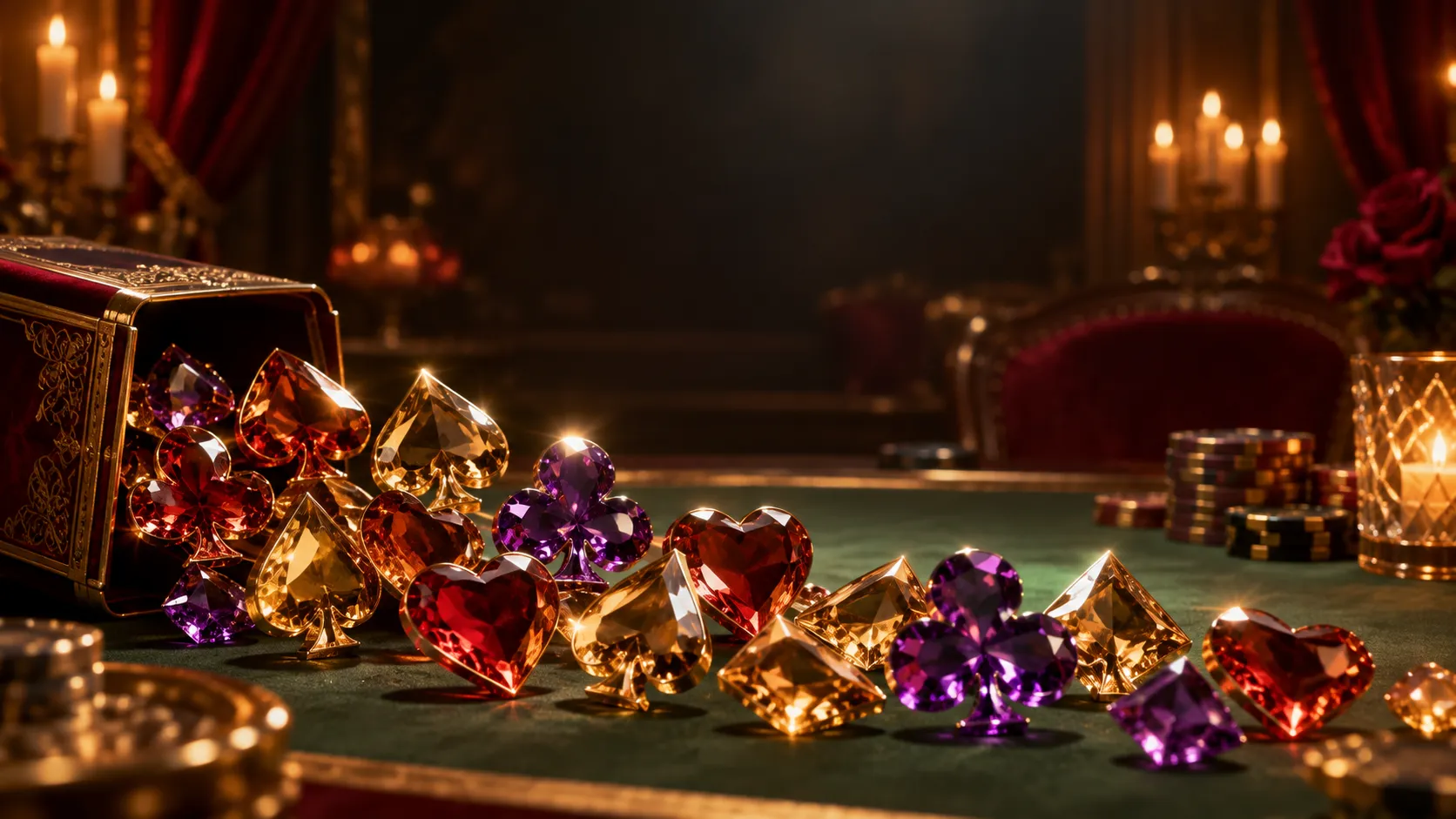Cascade of faceted gem symbols spilling across a candlelit card table