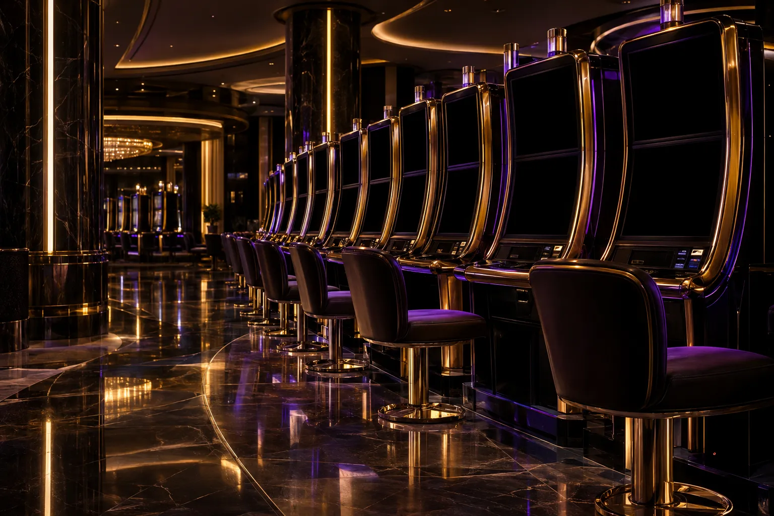Rows of illuminated pokie machines across a casino floor