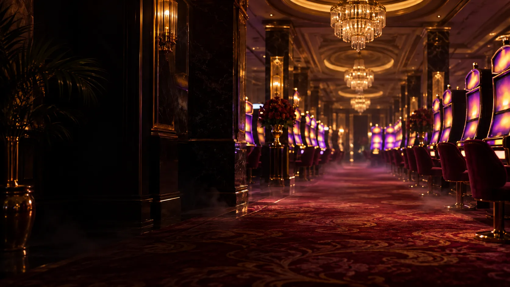 Glowing rows of pokie cabinets forming a casino floor backdrop