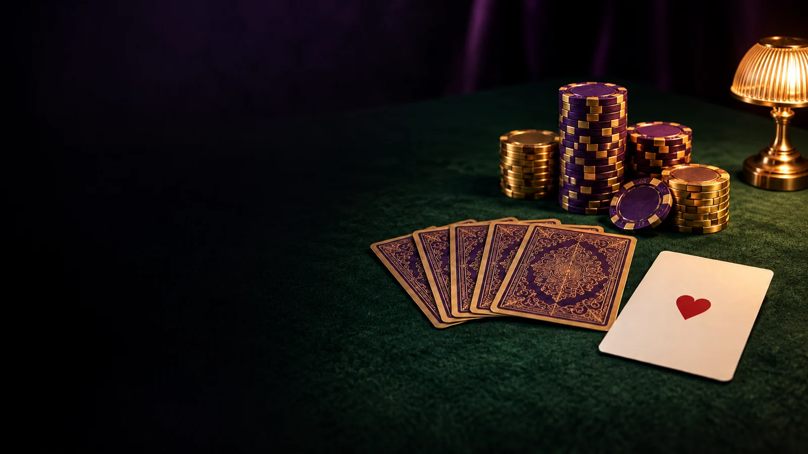 Casino chips and fanned playing cards spread across green felt